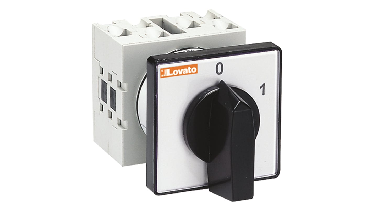 Interruttore a camma Lovato GX2092U, 4 poli, 2 posizioni, corrente 20A, dimensioni 48 x 48 x 79 mm, installazione rapida.
