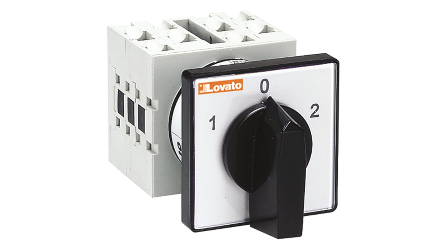 Interruttore a camma Lovato GX2075U, 4PDT, 3 posizioni, 20A, dimensioni 48 x 48 x 96 mm, attuatore a maniglia, installazione rapida.