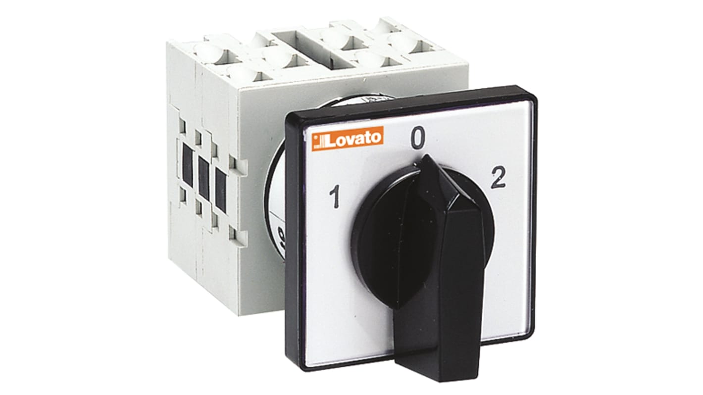 Interruttore a camma Lovato GX2053U, 3 posizioni, 3PDT, corrente 20A, dimensioni 48 x 48 x 87.5 mm, progettato per carichi AC15.