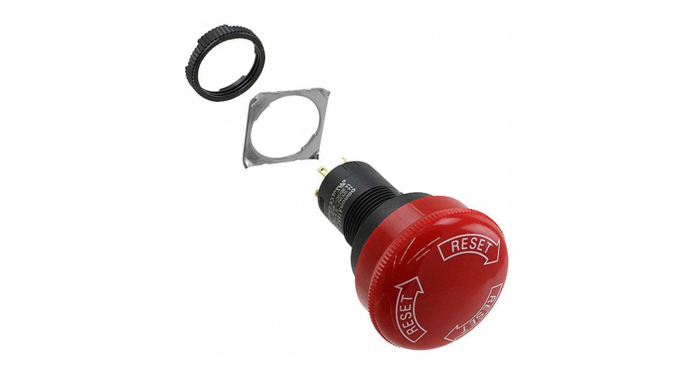 Omron A165E-S-03U, pulsante di arresto di emergenza rotondo, montaggio a pannello, diametro 16 mm, protezione IP65.
