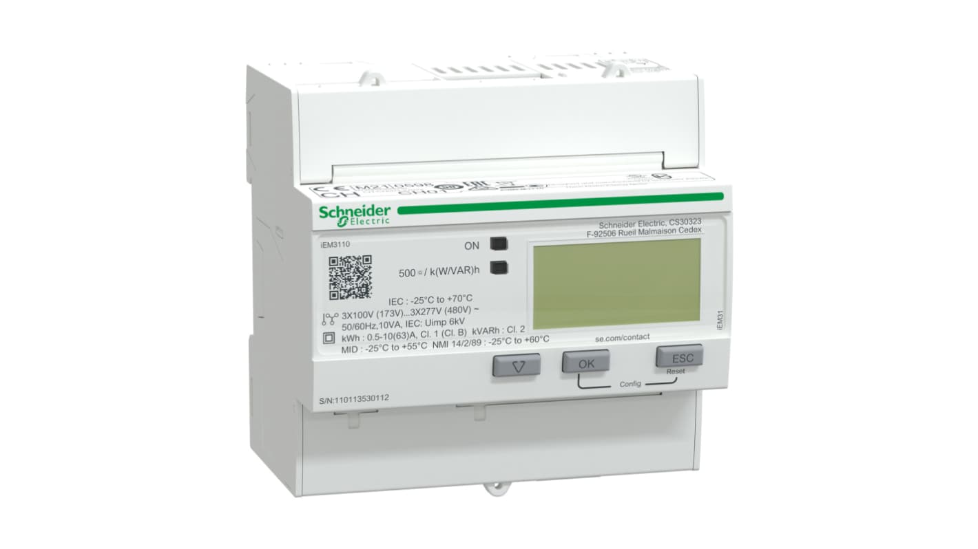 Contatore di energia Schneider Electric A9MEM3110, montaggio su guida DIN, misurazione fino a 63 A, display LCD, dimensioni 95 x 90 x 69 mm.