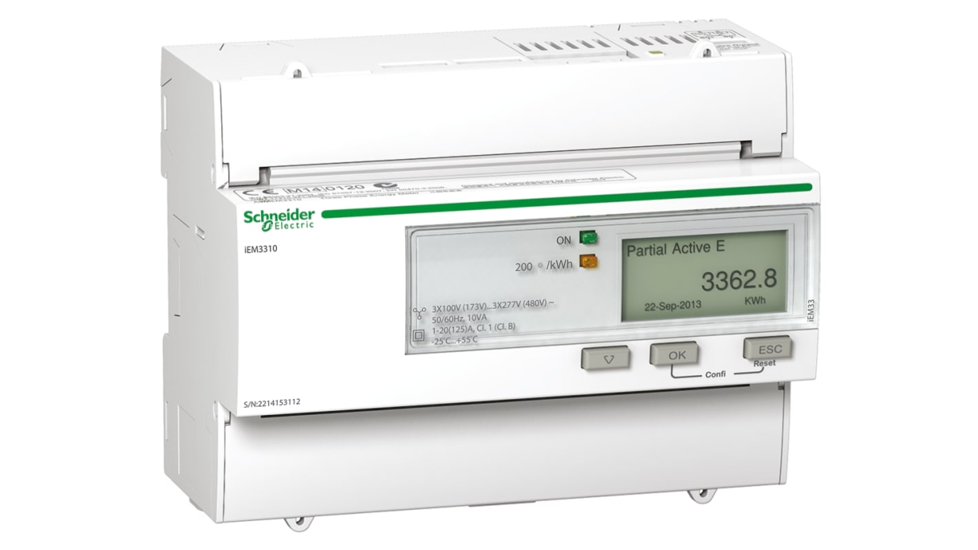 Contatore di energia Schneider Electric A9MEM3310, Acti 9, LCD 10 cifre, montaggio su guida DIN, profondità 69.3 mm.