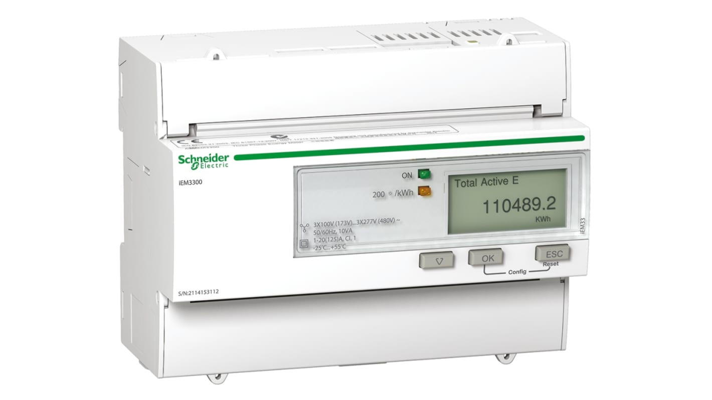 Contatore di energia Schneider Electric A9MEM3300, Acti 9, montaggio su guida DIN, display LCD, misurazione a quattro quadranti.