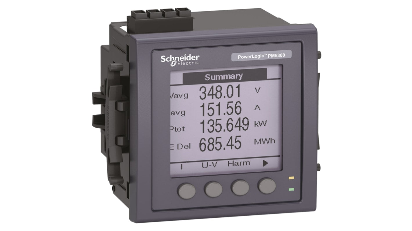 Misuratore di potenza digitale Schneider Electric METSEPM5310, 3 fasi, display LCD, dimensioni 92x92 mm, precisione 0,5%.