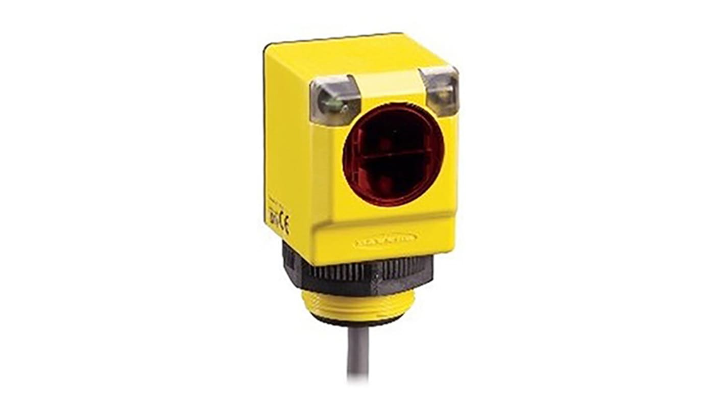 Sensore fotoelettrico rettangolare Banner Q40SP6FF200Q, PNP, rilevamento 200 mm, IP67/IP69K, temperatura -40°C/+70°C.