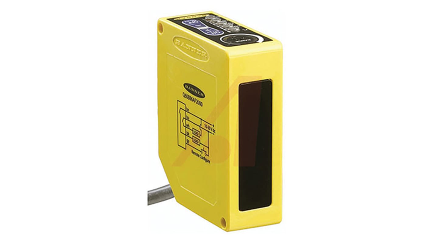 Sensore fotoelettrico Banner Q60BB6AFV1000Q, uscita NPN/PNP, LED rosso, IP67, tempo di risposta 2 ms, custodia in policarbonato.