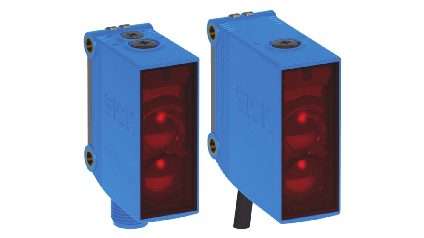 Sensore fotoelettrico rettangolare Sick GL10-P1212, rilevamento da 80 mm a 15 m, montaggio a pannello, grado di protezione IP67.