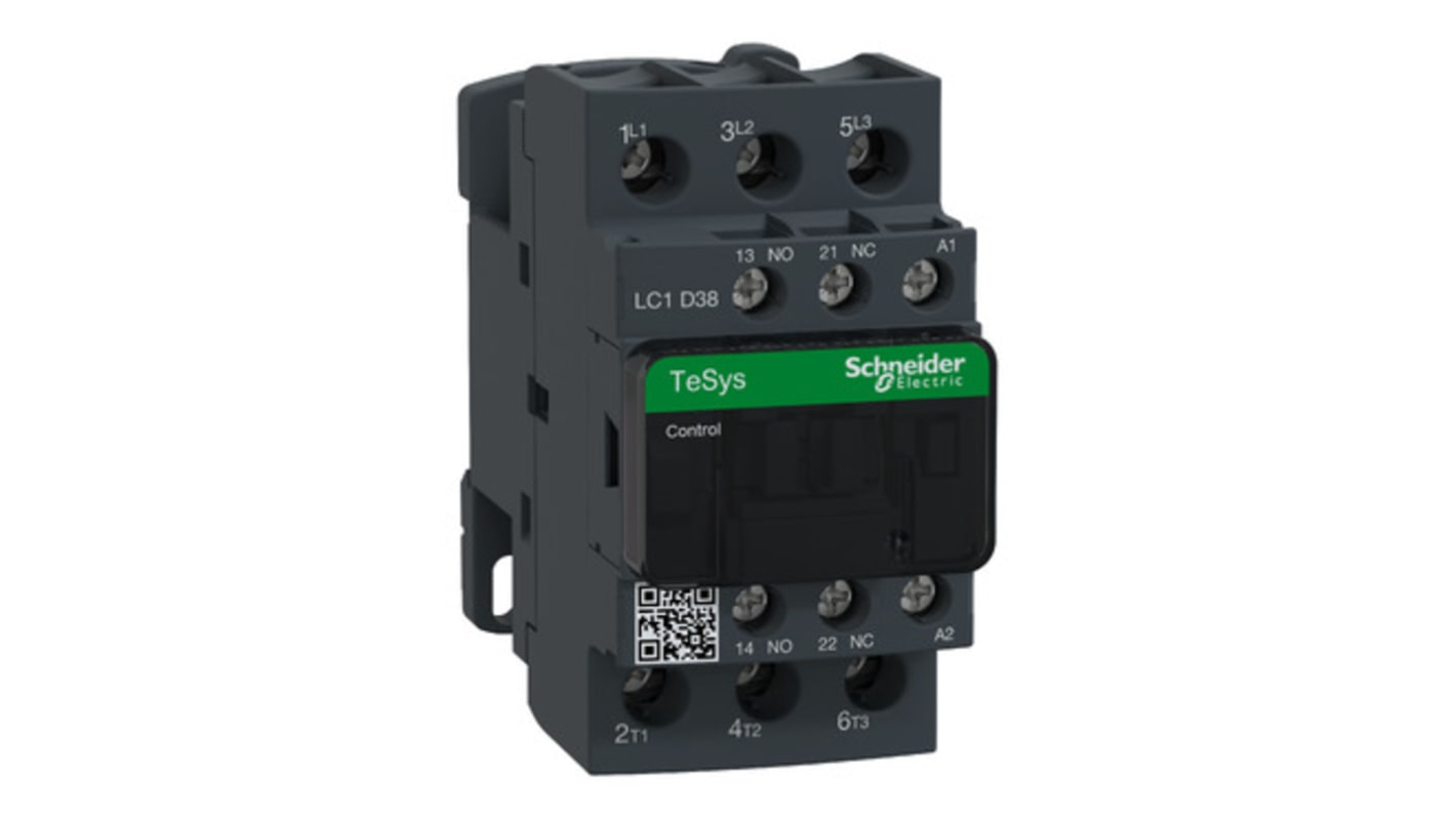 Contattore Schneider Electric LC1D38T7, 3 poli, 3 NO, 38 A, dimensioni 85x45x92 mm, per sistemi di controllo e avviamento motori.