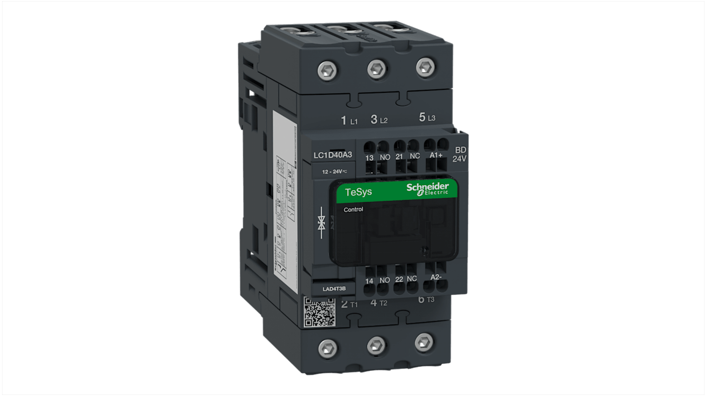Contattore Schneider Electric LC1D40A3BD, 3 poli, 40 A, bobina 24 V c.c., dimensioni 122x55x120 mm, adatto per avviamento motori.
