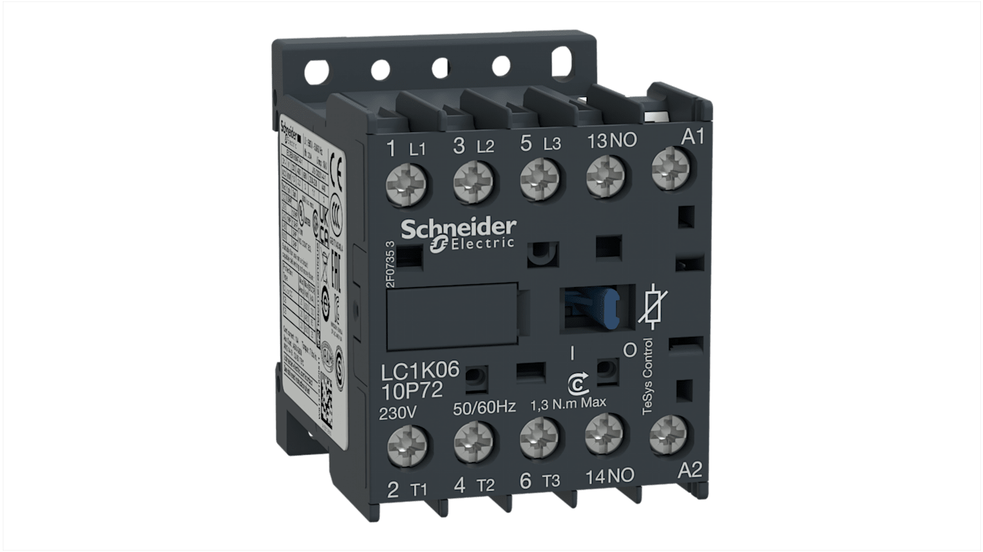 Contattore Schneider Electric LC1K0610P72, 3 poli, 3 contatti NO, 6 A, 230 V c.a., dimensioni 45x58x57 mm.