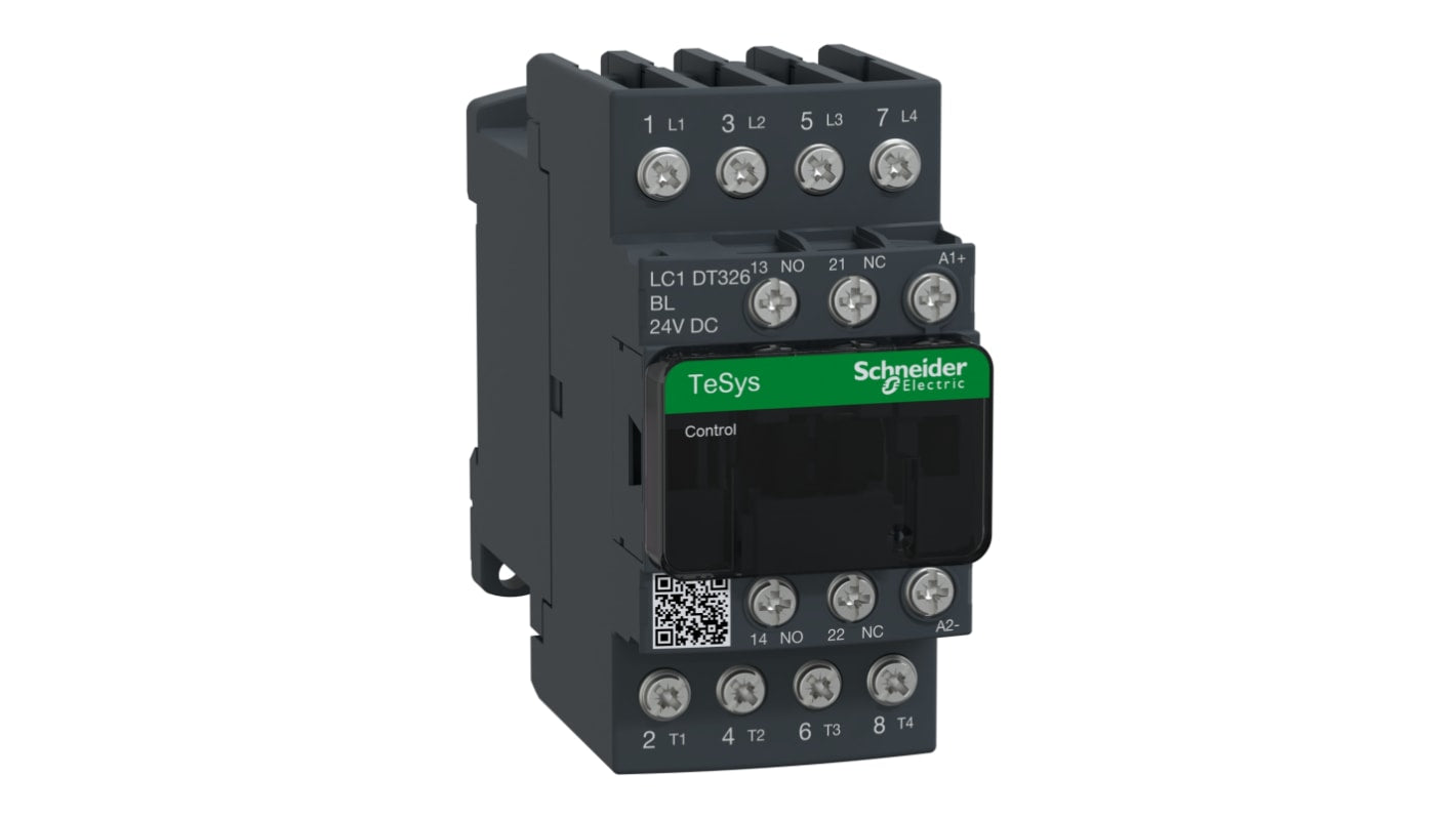Contattore Schneider Electric LC1DT326BL, 4 poli, 32 A, dimensioni 91x45x107 mm, progettato per applicazioni di controllo.