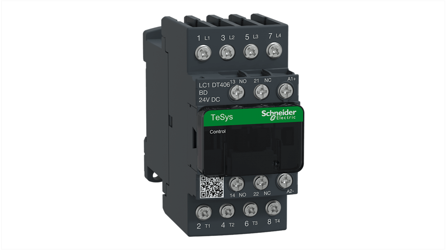 Contattore Schneider Electric LC1DT406BD, 4 poli, 40 A, dimensioni 45x91x107 mm, progettato per applicazioni di controllo.