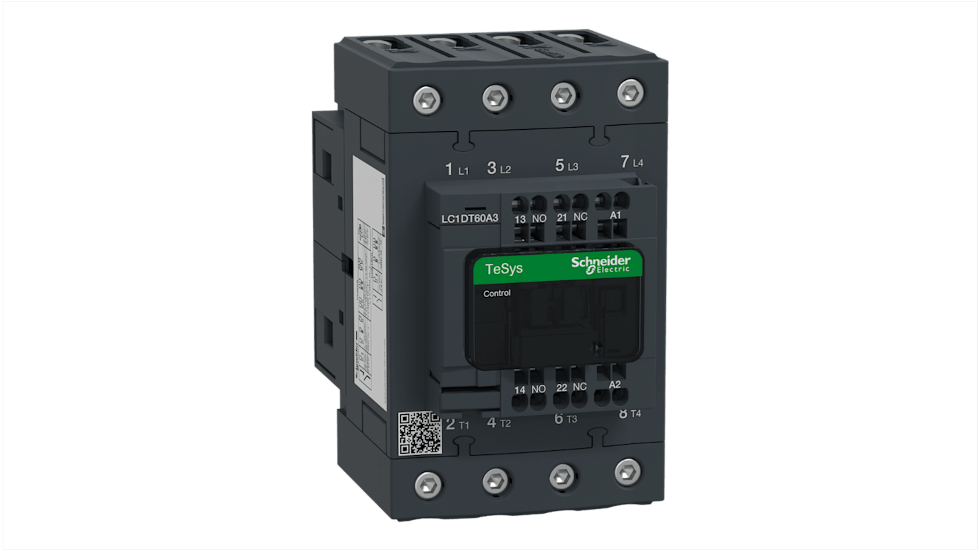 Contattore Schneider Electric LC1DT60A3E7, 4 poli, 60 A, montaggio a pannello o su guida DIN, dimensioni 70mm x 122mm x 120mm.
