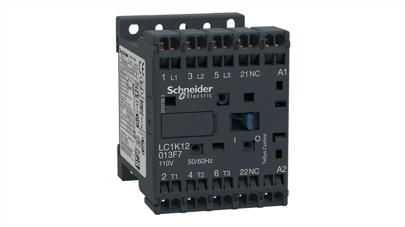 Contattore Schneider Electric LC1K12013F7, 3 poli, 20 A, 5,5 kW, tensione bobina 110 V c.a., 1 contatto ausiliario NC.