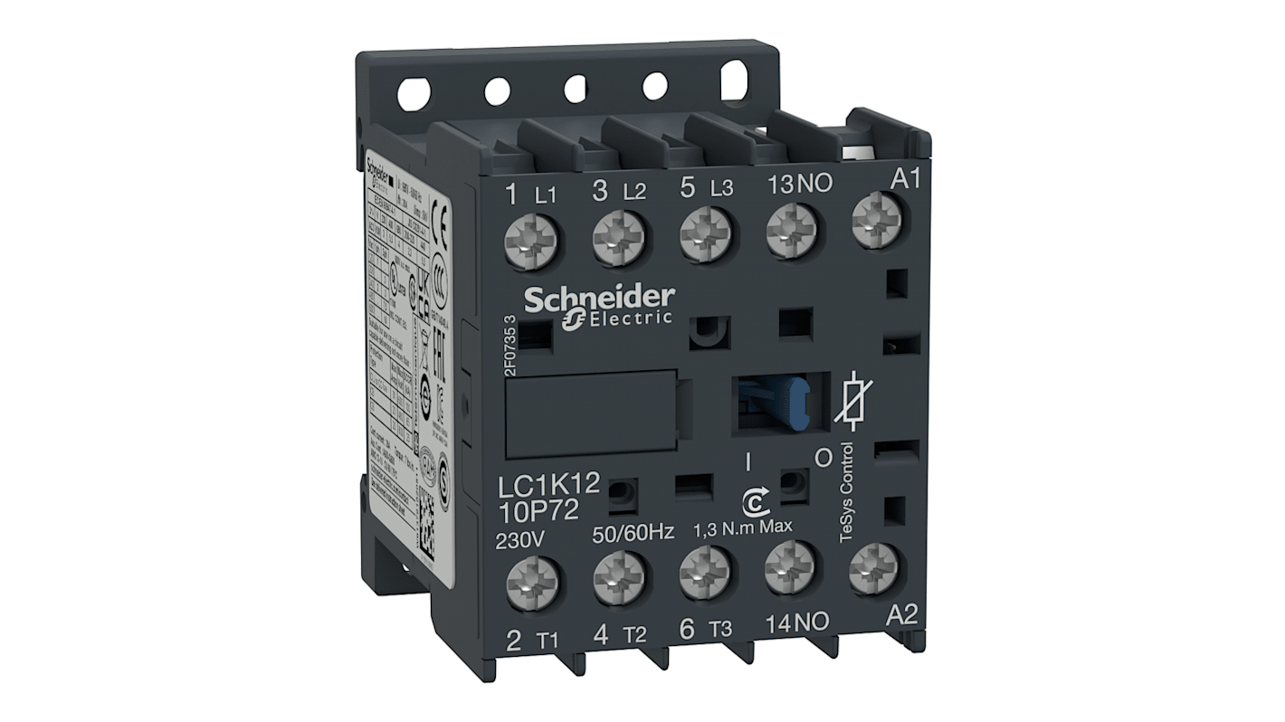 Contattore Schneider Electric LC1K1210F72, 3 poli, 20 A, 5,5 kW, tensione bobina 110 V c.a., dimensioni 45x58x57 mm.