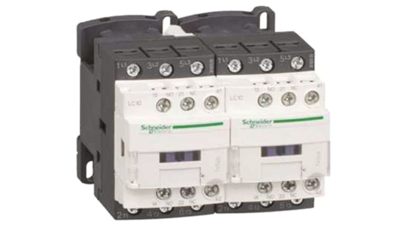 Contattore reversibile Schneider Electric LC2D18JD, 3 poli, 18 A, 12 V c.c., dimensioni 77x90x95 mm, per motori fino a 7,5 kW.