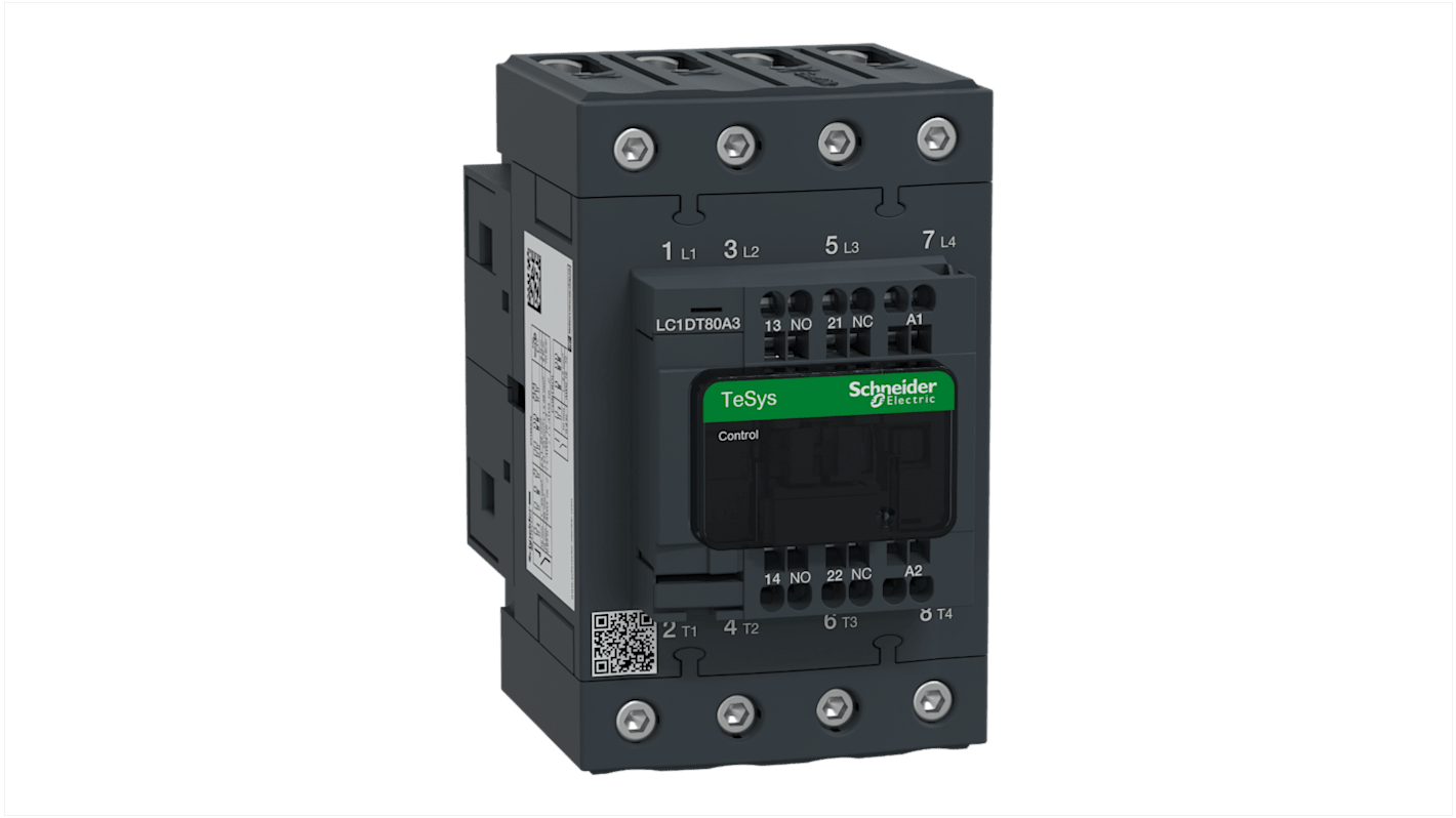 Contattore Schneider Electric LC1DT80A3P7, 4 poli, 80 A, bobina 230 V c.a., montaggio a pannello o su guida DIN, dimensioni 70x122x120 mm.