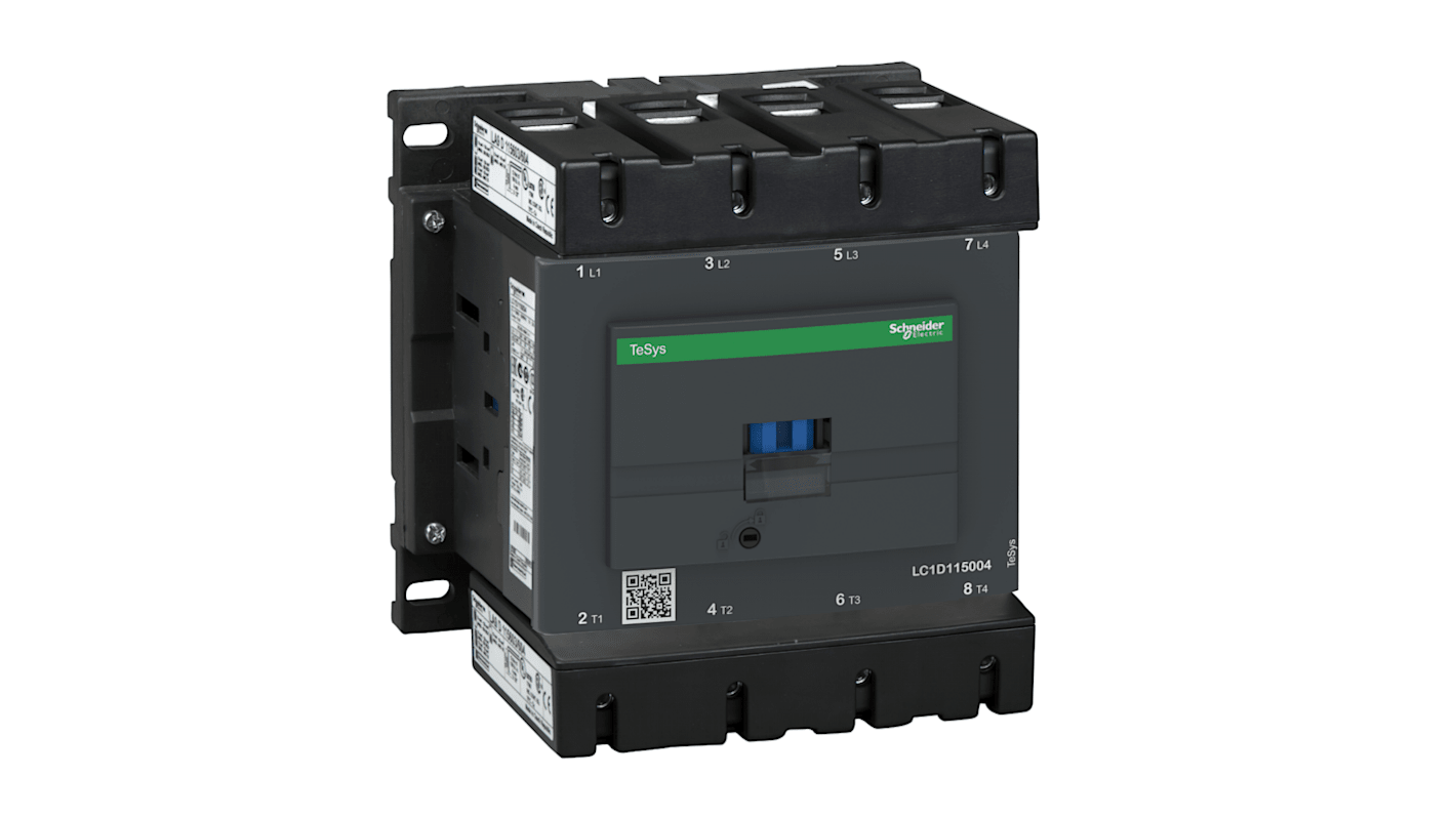 Contattore Schneider Electric LC1D115004MD, 4 poli, 115 A, 220 V c.c., dimensioni 150x158x132 mm, per controllo e segnalazione.