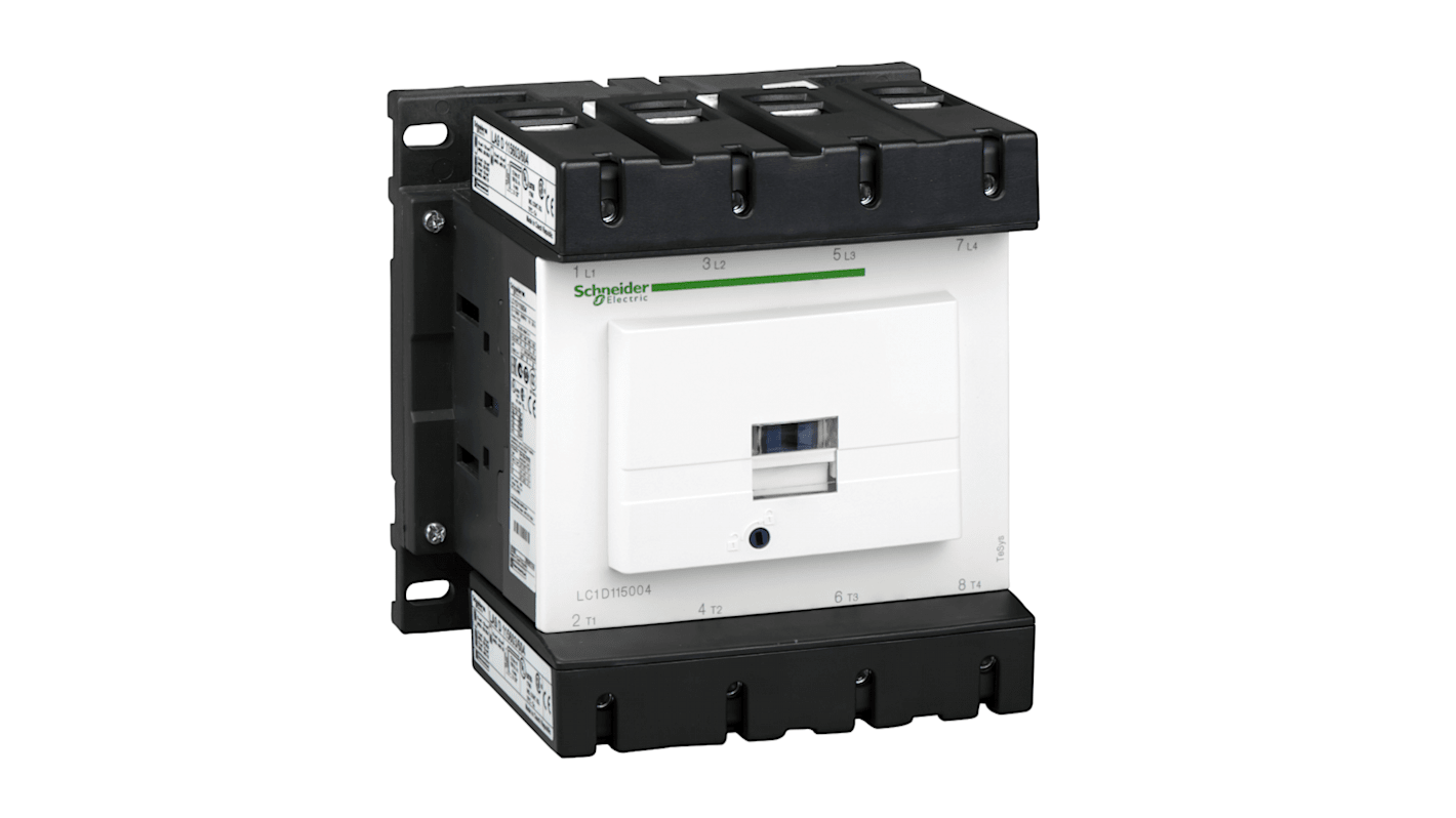 Contattore Schneider Electric LC1D115004P5, 4 poli, 115 A, 230 V c.a., dimensioni 150x158x132 mm, per applicazioni industriali.