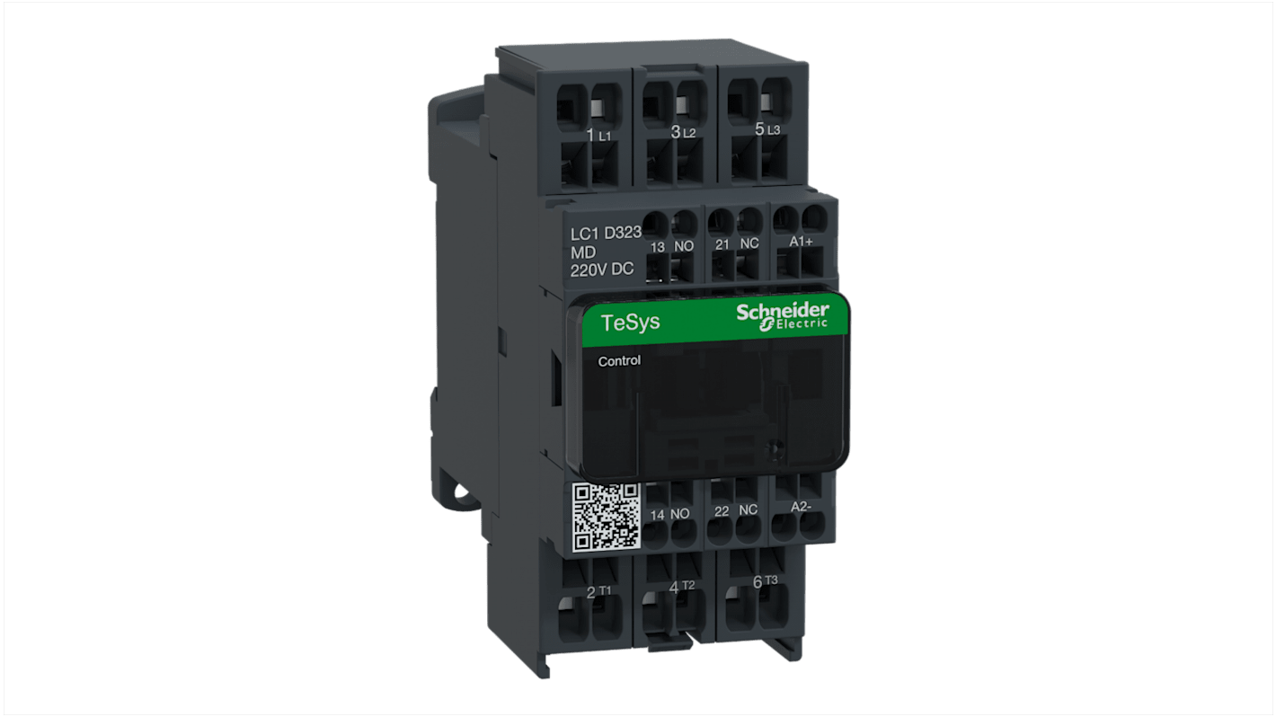 Contattore Schneider Electric LC1D323MD, 3 poli, 3 NO, 32 A, montaggio a pannello, dimensioni 99x45x101 mm.