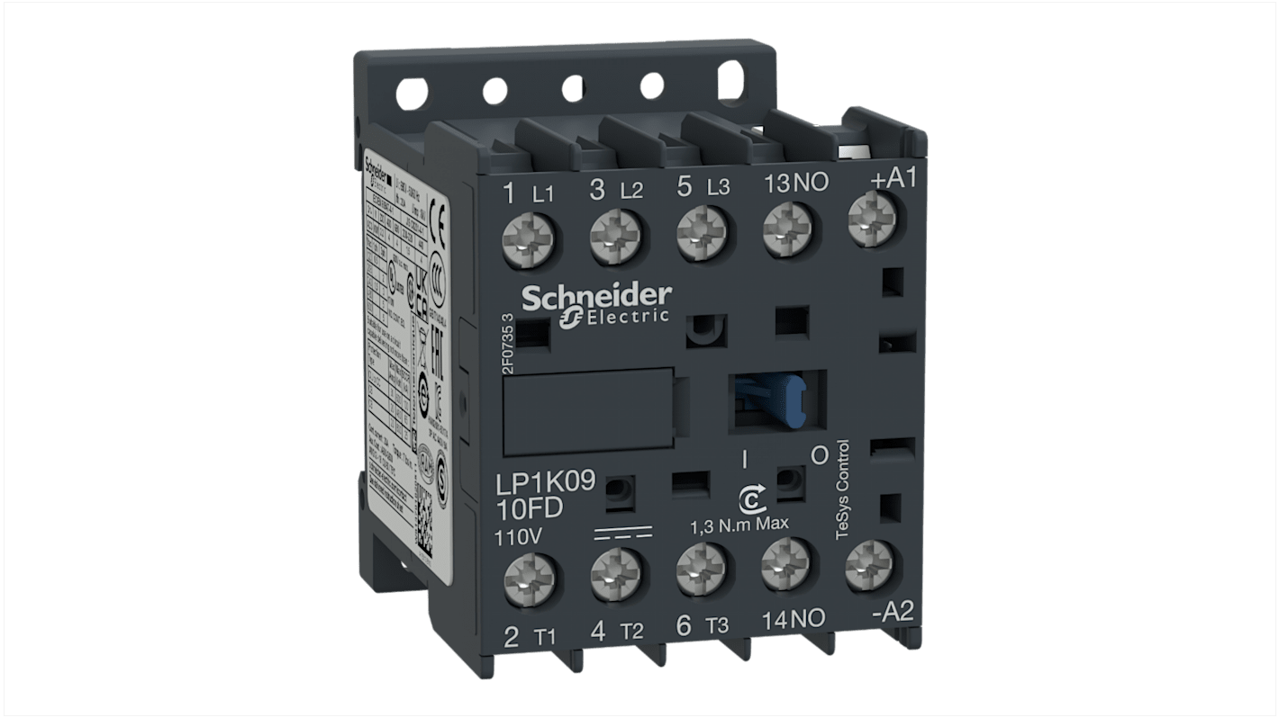 Contattore Schneider Electric LP1K0910GD, 3 poli, 3 contatti NO, 20 A, 4 kW, 110 V c.c., dimensioni 58x45x57 mm.
