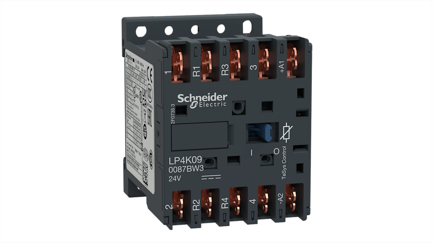 Contattore 4 poli Schneider Electric LP4K090087BW3, 20 A, 24 V c.c., 690 V c.a., dimensioni 58x45x57 mm.