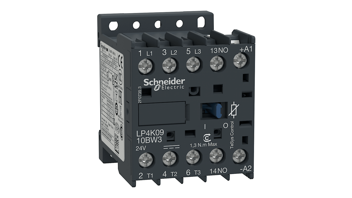 Contattore Schneider Electric LP4K0910FW3, 3 poli, 3 contatti NO, 20 A, 4 kW, 110 V c.c., dimensioni 58x45x57 mm.