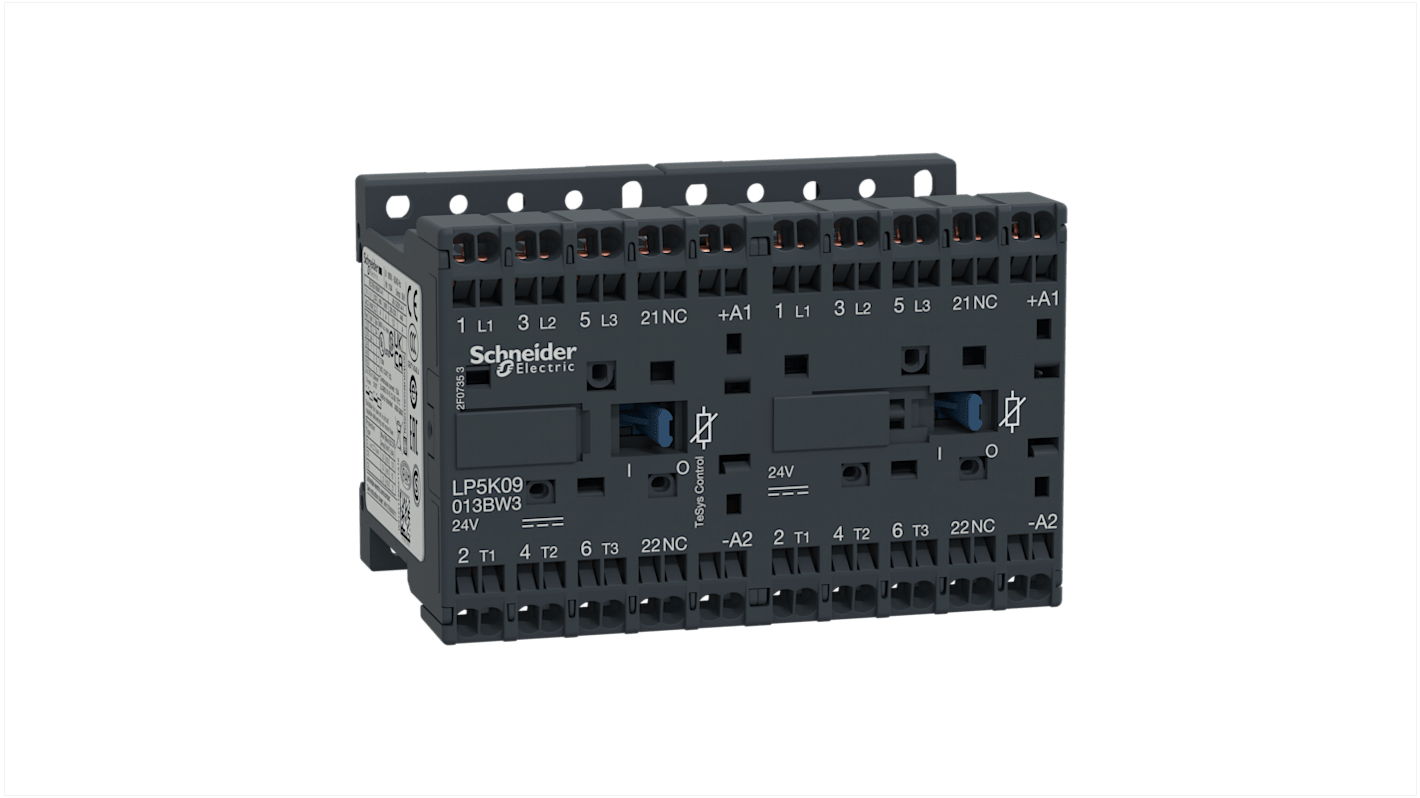 Contattore reversibile Schneider Electric LP5K09013BW3, 3 poli, 20 A, 4 kW, 24 V c.c., 690 V c.a., dimensioni 90x58x57 mm.