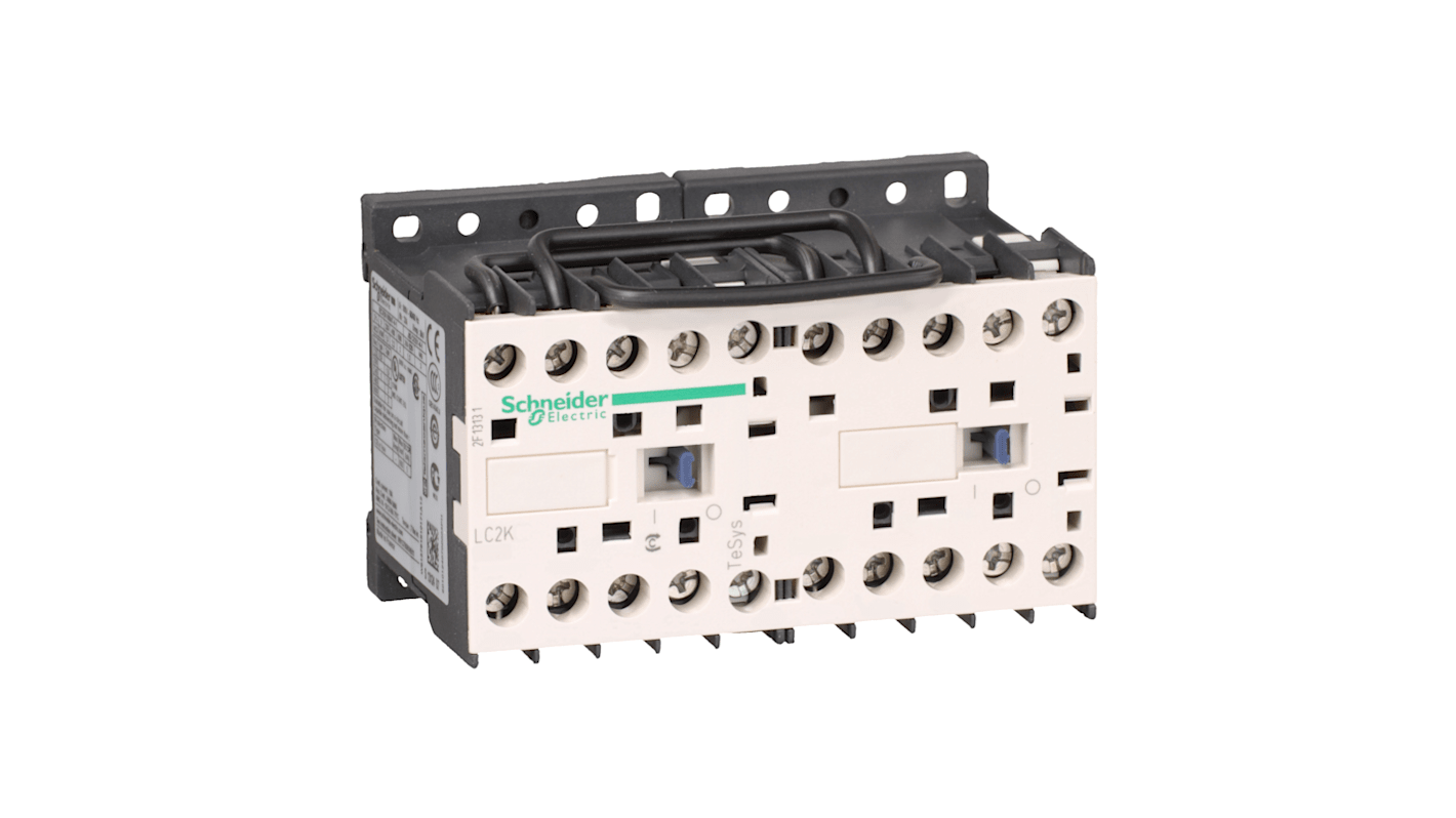 Contattore reversibile Schneider Electric LC2K0601B72, 3 poli, 6 A, 24 V c.a., dimensioni 58x90x57 mm, 1NC.