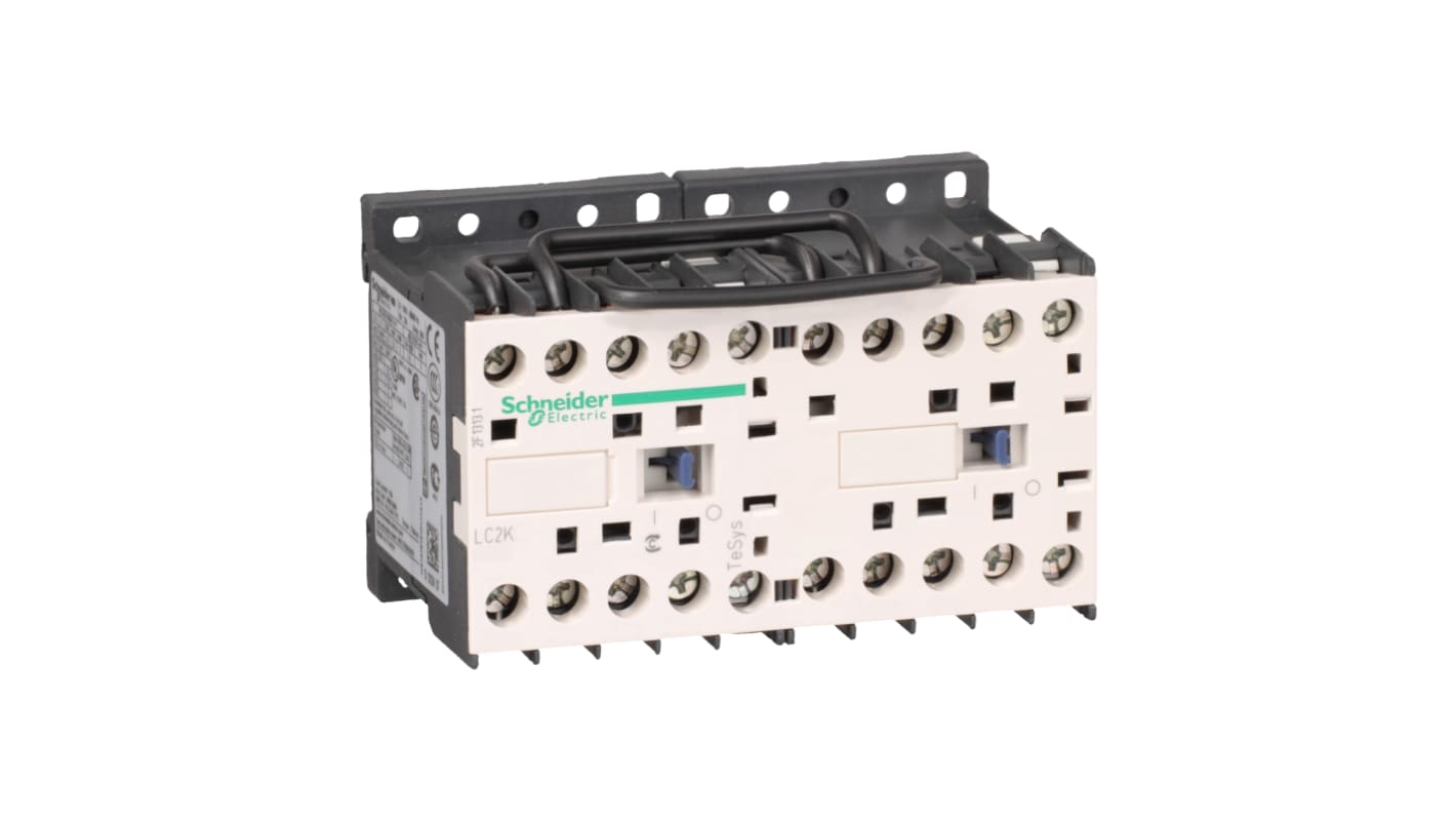 Contattore reversibile Schneider Electric LC2K0901F72, 3 poli, 20 A, montaggio su guida DIN, dimensioni 58 x 90 x 57 mm.