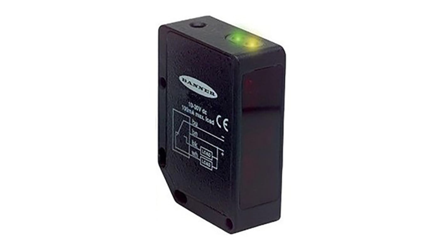 Sensore fotoelettrico rettangolare Banner QMT42VP6DX, rilevamento 10 mm a 6 m, uscita PNP, IP67, temperatura -20/+55 °C.