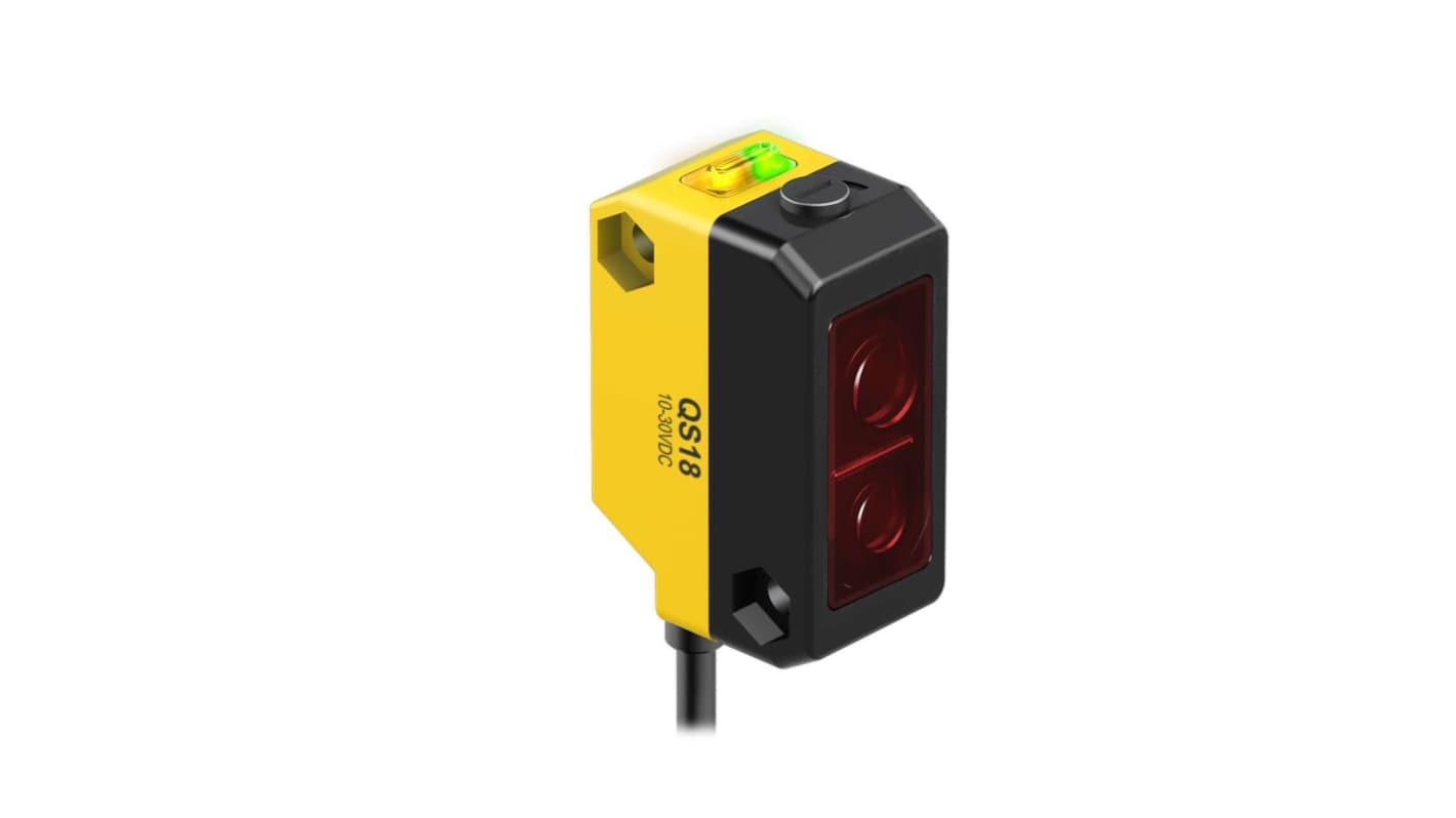 Sensore fotoelettrico rettangolare Banner QS18VP6AF100Q5, rilevamento 1-100 mm, uscita PNP, IP67, montaggio con staffa.