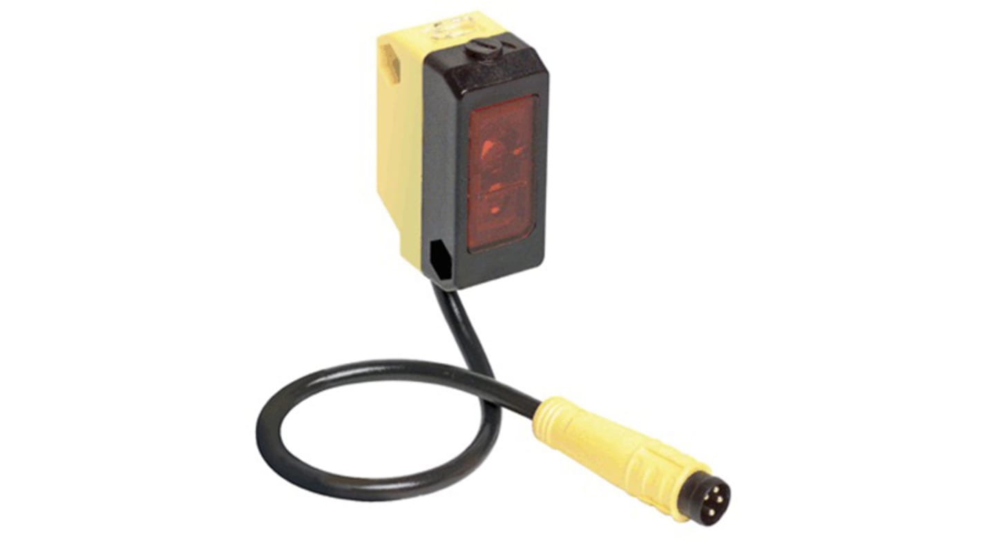 Sensore fotoelettrico rettangolare Banner QS18VP6LAF250, rilevamento 20-250 mm, uscita PNP, IP67, temperatura -20/+70 °C.