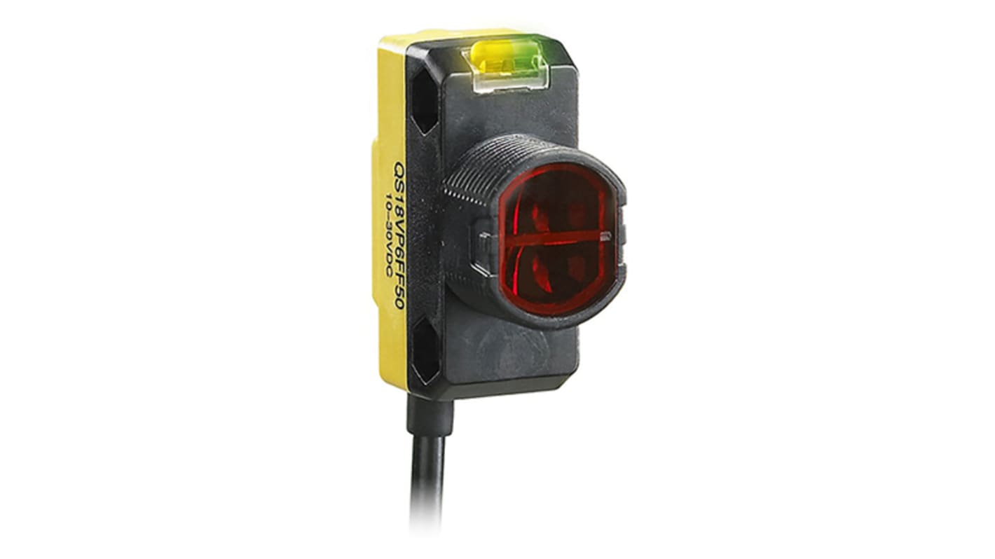 Sensore fotoelettrico cilindrico Banner QS18VP6LPQ9 a retroriflessione, rilevamento fino a 3,5 m, IP67, alimentazione 10-30 V c.c.