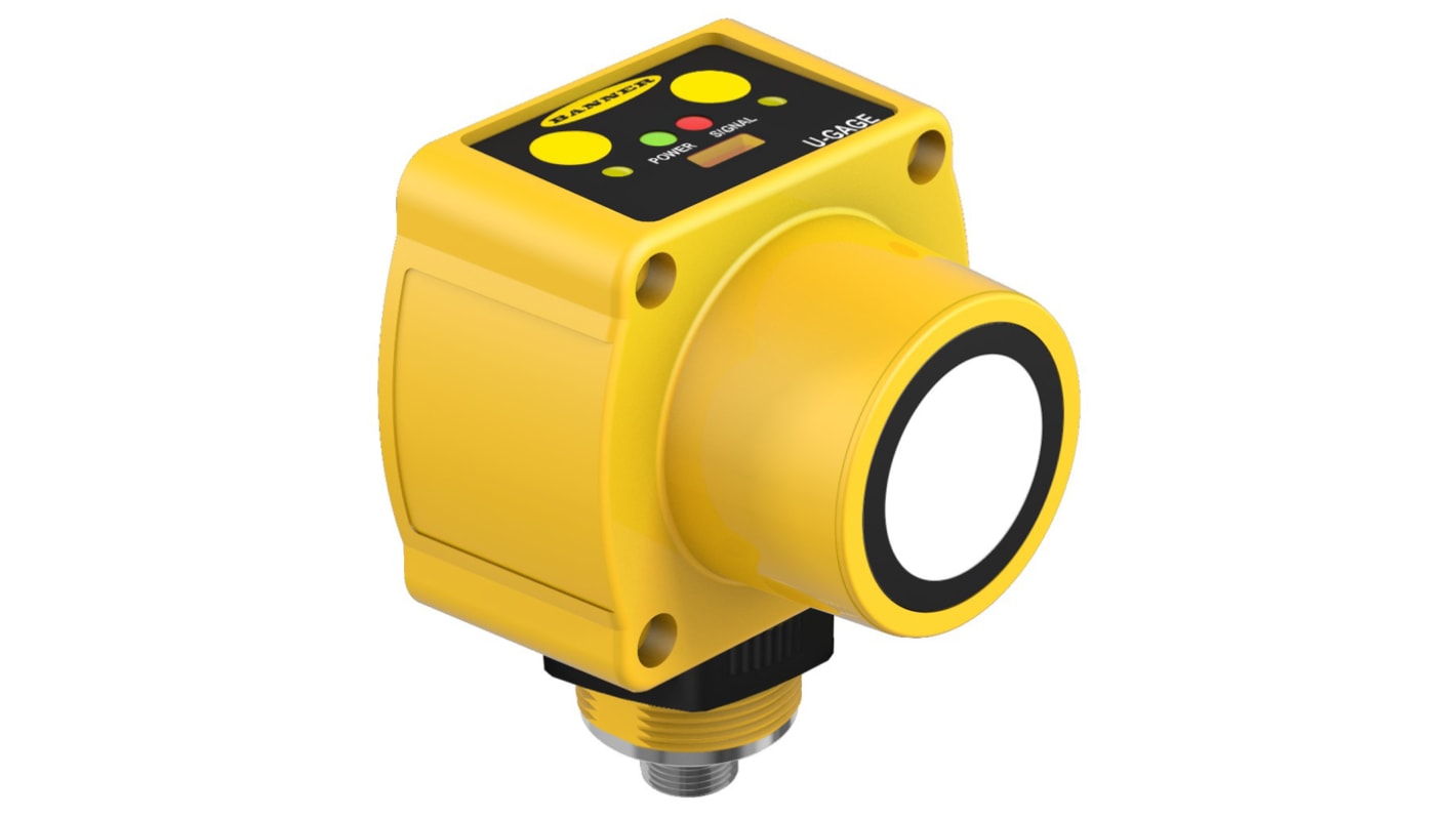 Sensore di prossimità Banner QT50ULBQ6, rilevamento ultrasuoni 200-8000 mm, alimentazione 10-30 V c.c., IP67, dimensioni 74 x 100.2 x 67.4 mm.