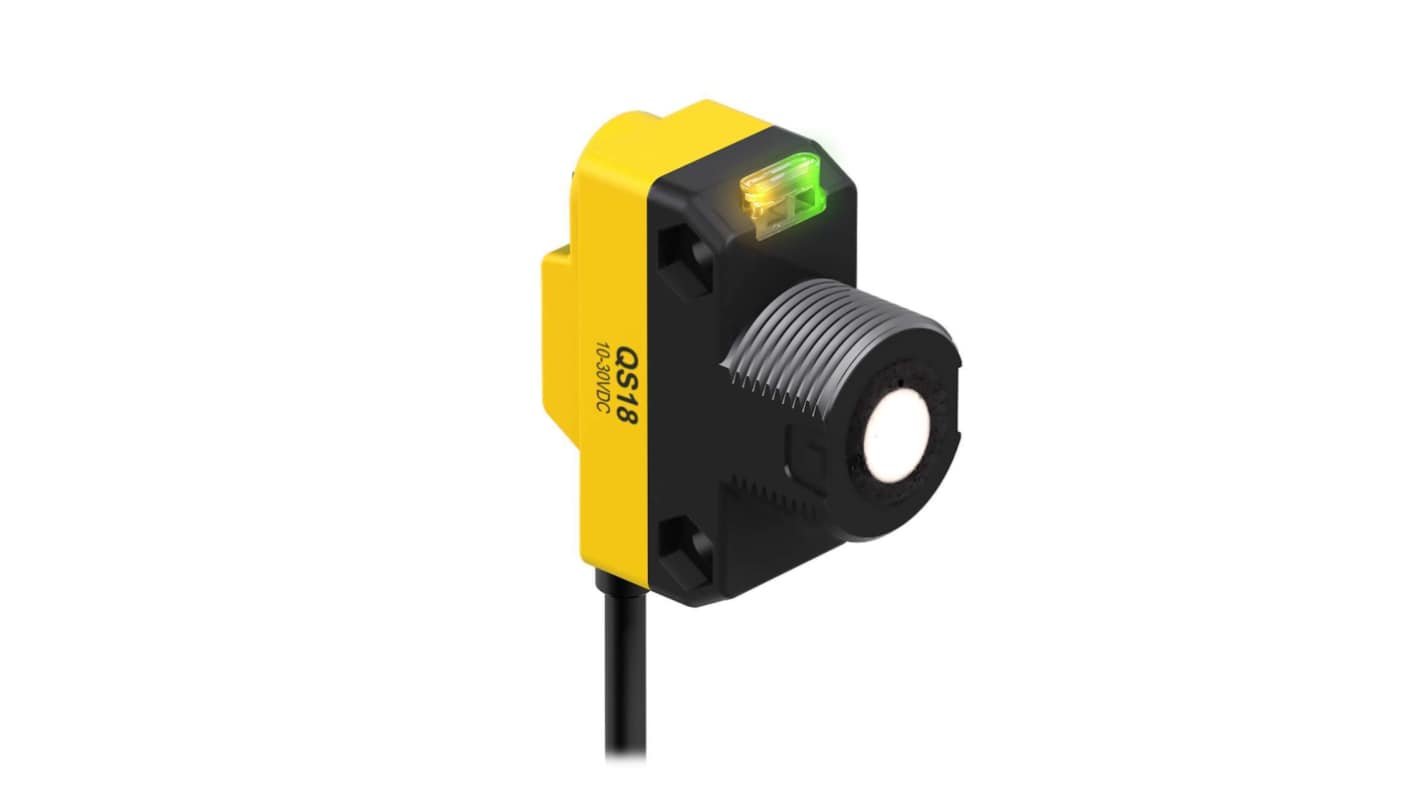 Sensore di prossimità NPN Banner QS18UNA, rilevamento 50-500 mm, IP67, dimensioni 33.5x15x35 mm, alimentazione 12-30 V c.c.