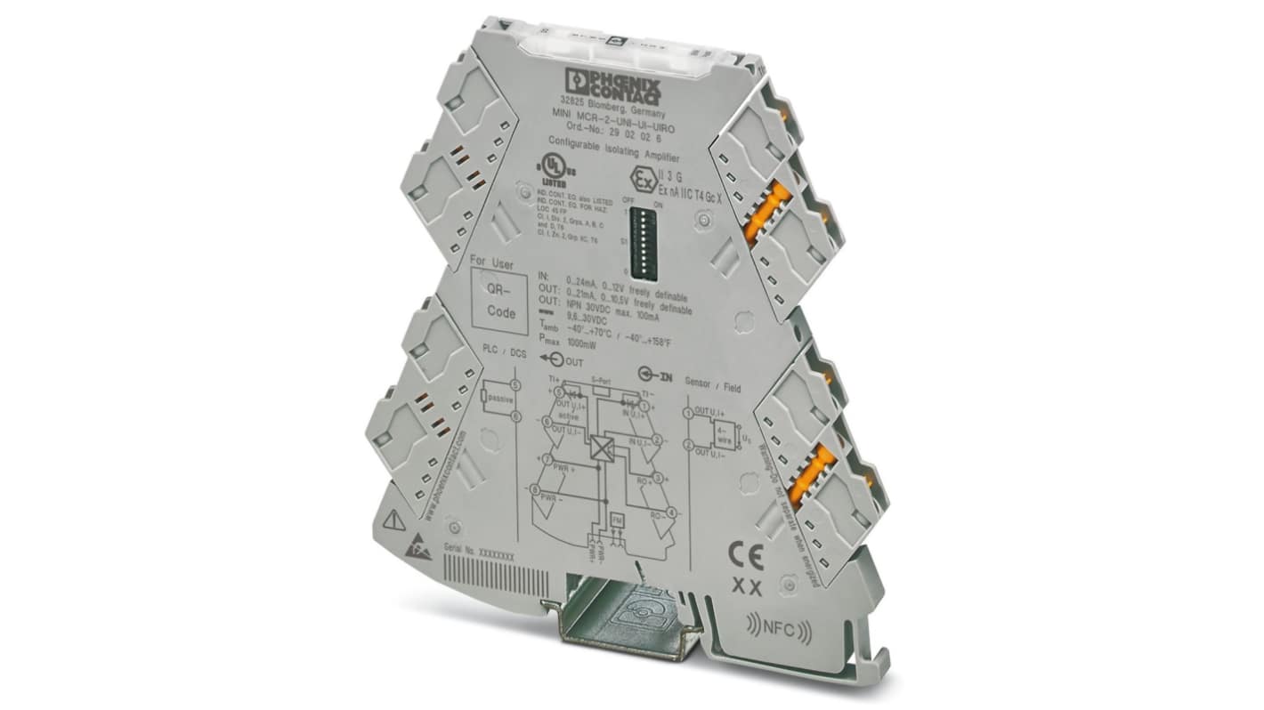 Condizionatore di segnale Phoenix Contact MINI MCR, ingresso 0-12 V, montaggio su guida DIN, temperatura -40 a +70°C.