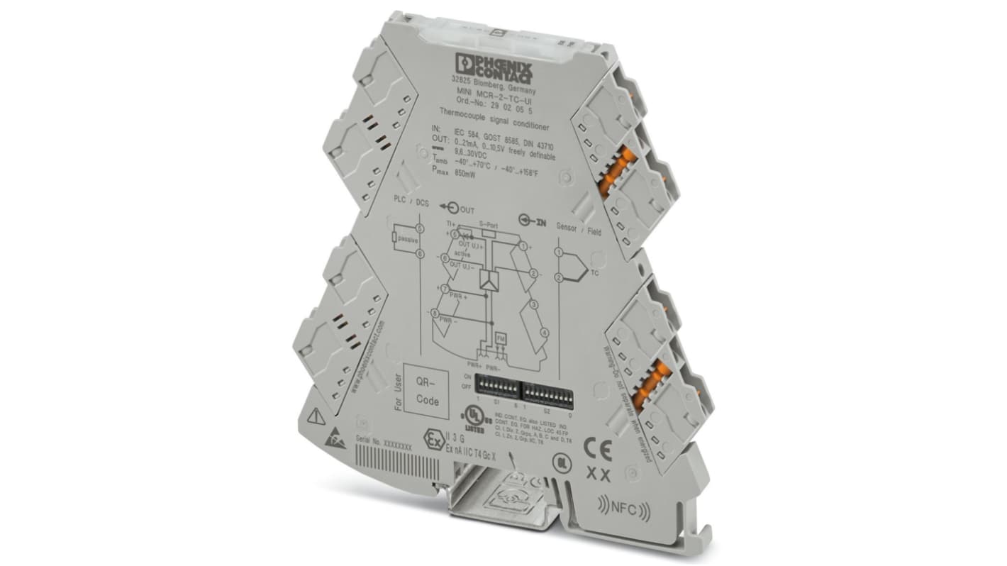 Condizionatore di segnale Phoenix Contact 2902055, per termocoppie, montaggio su guida DIN, dimensioni 110,5 x 6,2 x 120,5 mm.