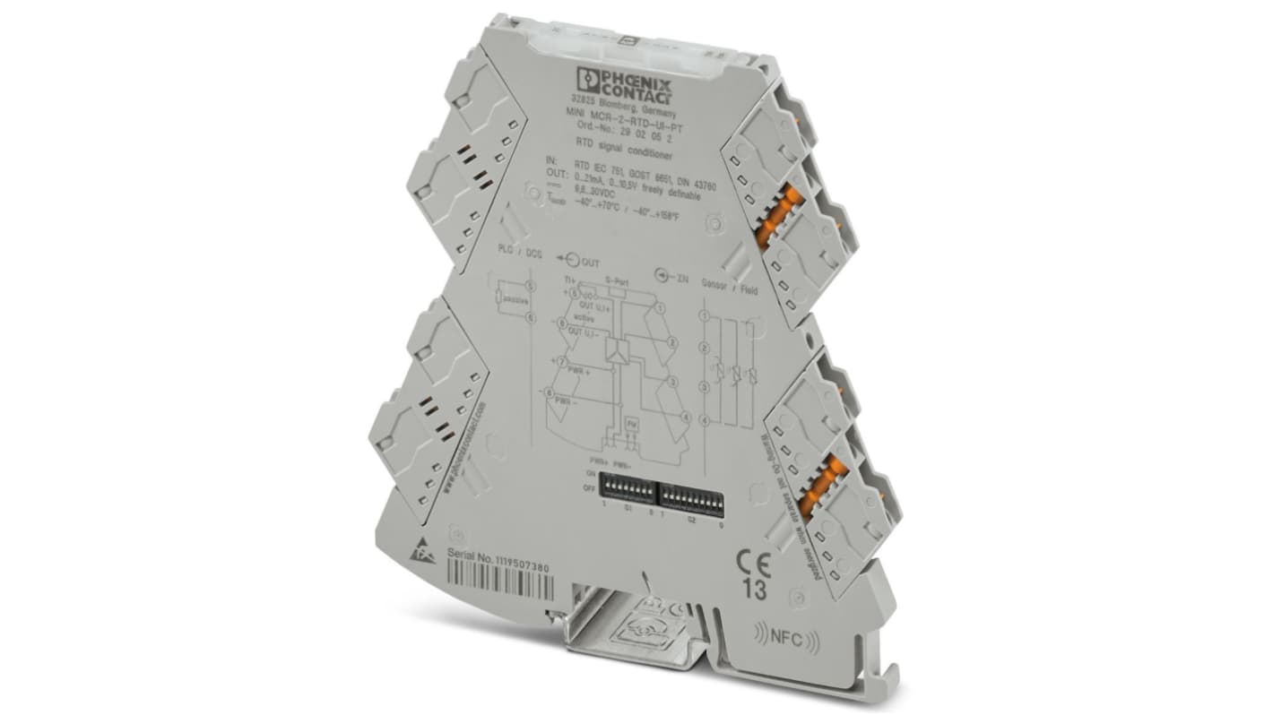 Condizionatore di segnale Phoenix Contact 2902052, modulo RTD, montaggio su guida DIN, gamma -200 a 850 °C, alimentazione 9,6-30 V cc.