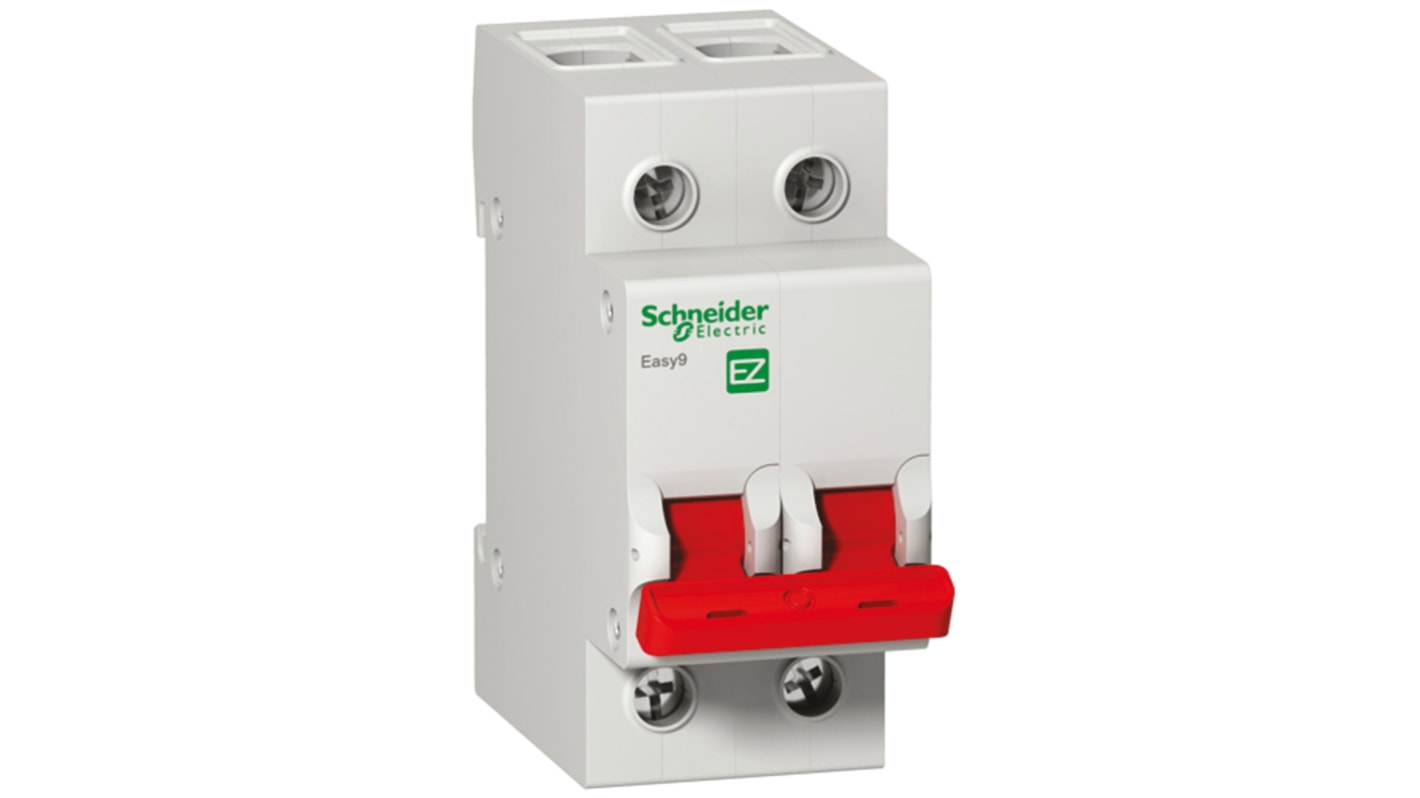 Interruttore di isolamento Schneider Electric, 2 poli, 100A, montaggio su guida DIN, dimensioni 81x36x66,5 mm, grado di protezione IP20.