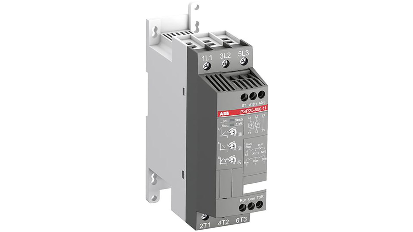 Avviatore soft-start ABB 1SFA896108R1100, 3 fasi, 11 kW, montaggio su guida DIN, dimensioni 160 x 128 x 45 mm.