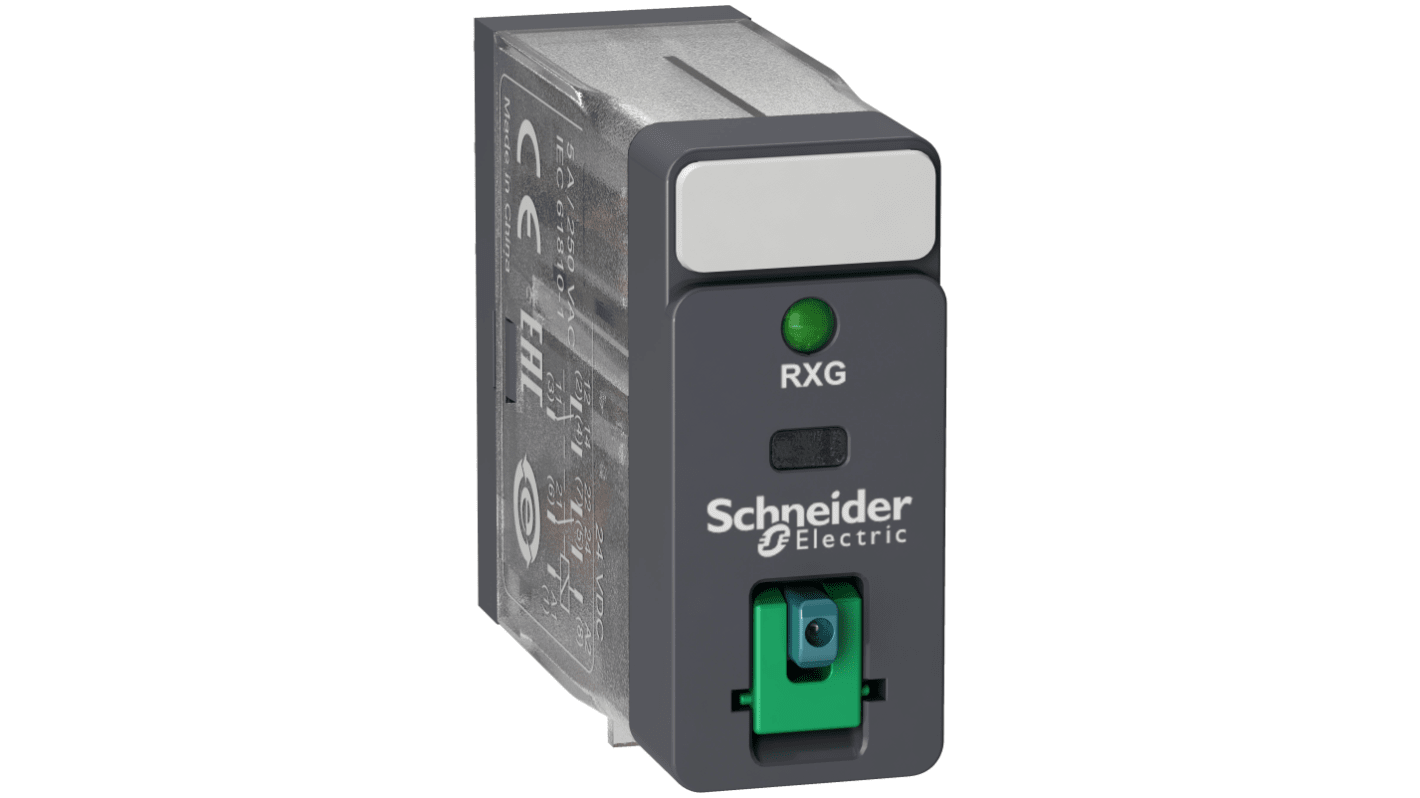 Relè di potenza Schneider Electric RXG22BD, DPDT, 24V cc, montaggio su guida DIN, dimensioni 13mm x 30.6mm x 37.1mm.