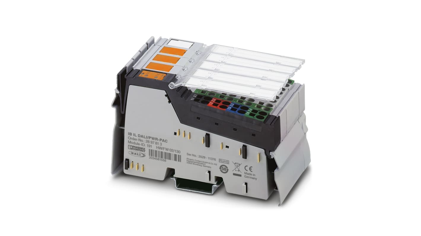 Modulo I/O PLC Phoenix Contact 2897813, con DALI master, alimentazione integrata, dimensioni 119,8 x 48,8 x 71,5 mm, grado di protezione IP20.