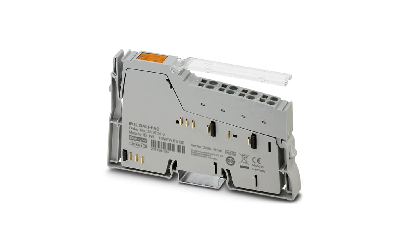 Controller master DALI Phoenix Contact 2897910, dimensioni 119,8 x 12,2 x 71,5 mm, grado di protezione IP20, velocità 500 kbps.