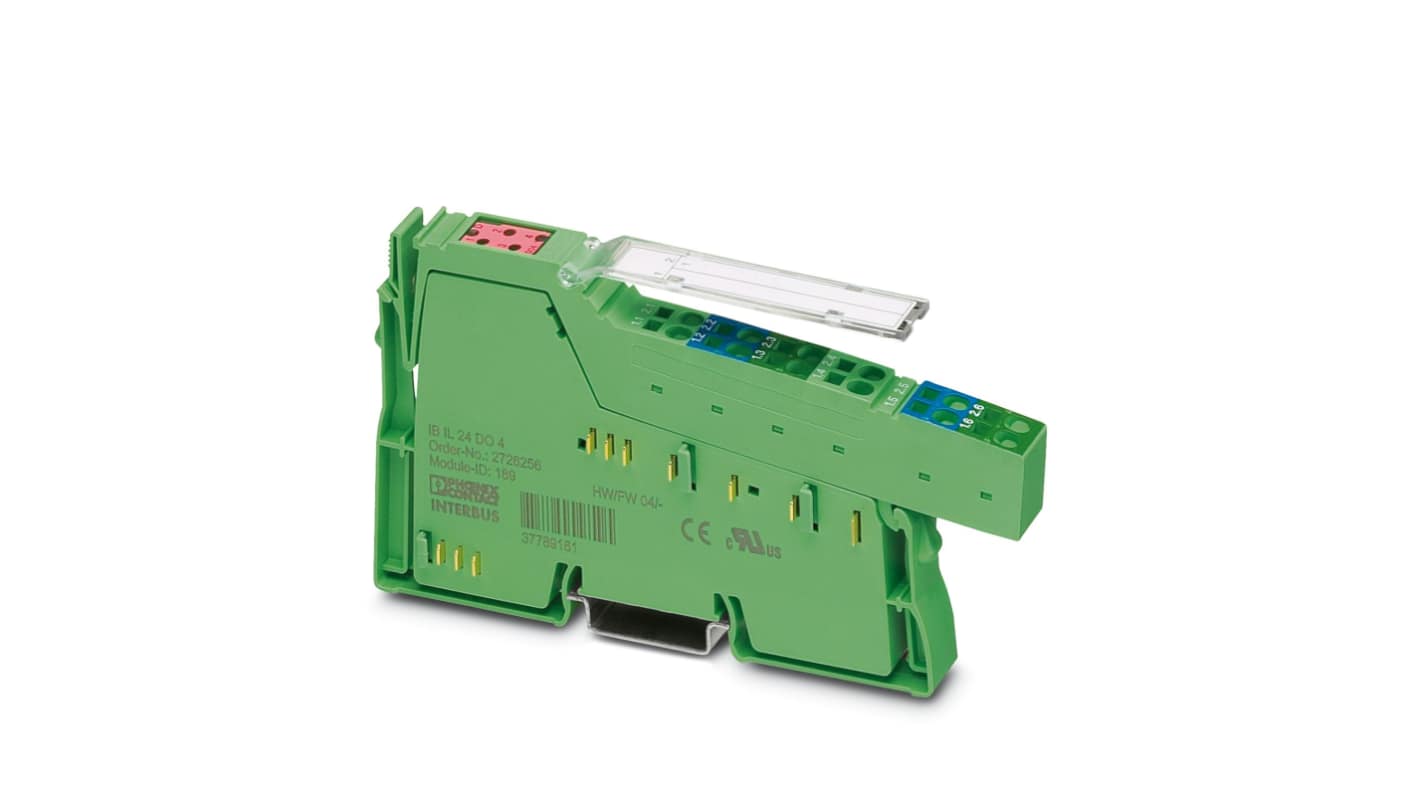 Modulo I/O Phoenix Contact 2701155, IB IL INC-IN-2MBD-PAC, 4 uscite digitali 24 V, dimensioni 140,5 x 12,2 x 71,5 mm.