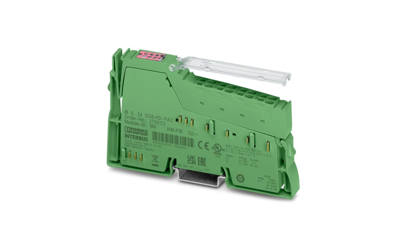 Phoenix Contact 2701213, modulo I/O IB IL 24 DI8-2MBD-PAC, 8 uscite digitali, 24 V c.c., dimensioni 119,8 x 12,2 x 71,5 mm.