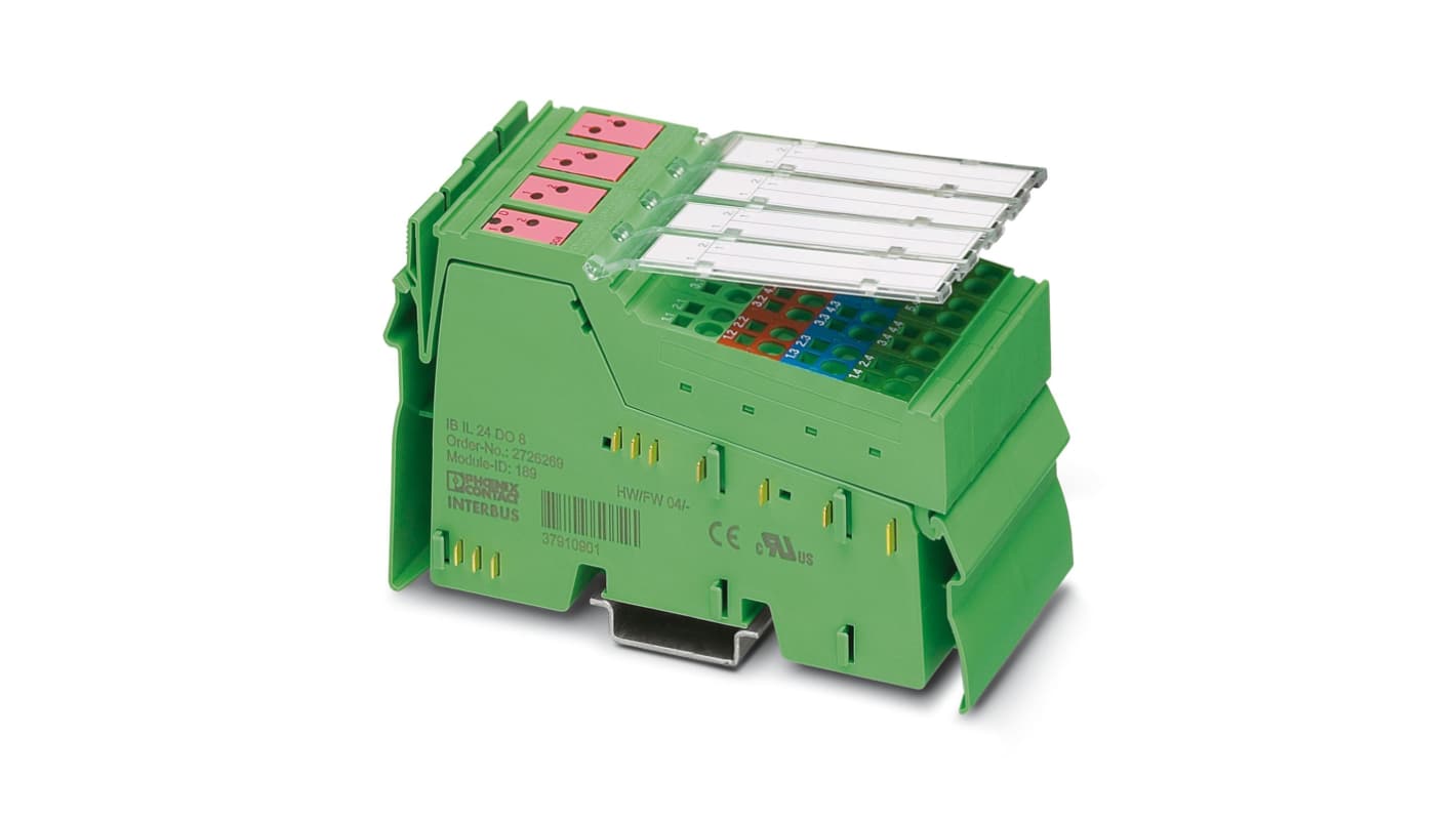 Modulo I/O Phoenix Contact 2861687, serie 750, 8 uscite digitali, 24 V c.c., dimensioni 119,5 x 48,8 x 71,5 mm.