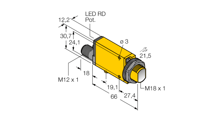 Sensore fotoelettrico rettangolare a retroriflessione Banner MIAD9LVQ, rilevamento fino a 5 m, con uscita PNP e connettore M12. Dimensioni 23 mm x 20 mm x 8 mm. Grado di protezione IP67.