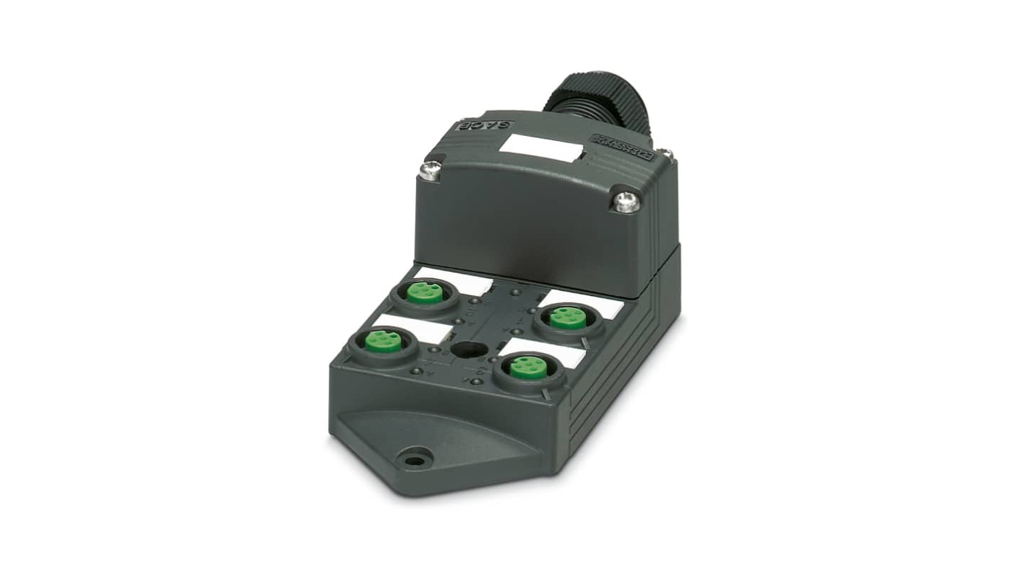 Phoenix Contact 1412058, scatola sensore 4 porte M12, con connettore SPEEDCON, grado di protezione elevato, assemblaggio flessibile.