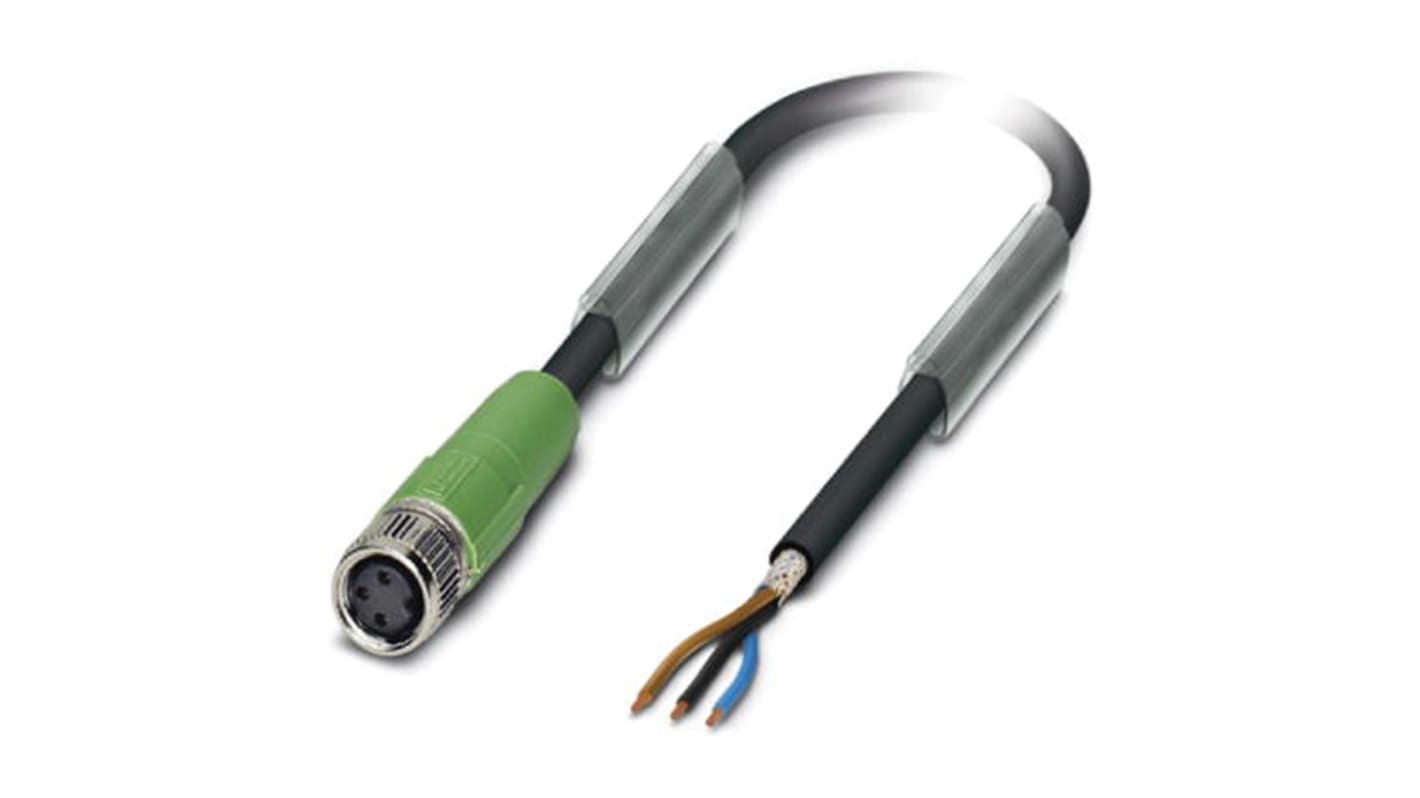 Cavo sensore/attuatore femmina M8 Phoenix Contact 1521737, 5m, schermatura 360°, protezione IP65/IP67, resistenza +90°C. Connettore standard, conduttori marrone/blu/nero.